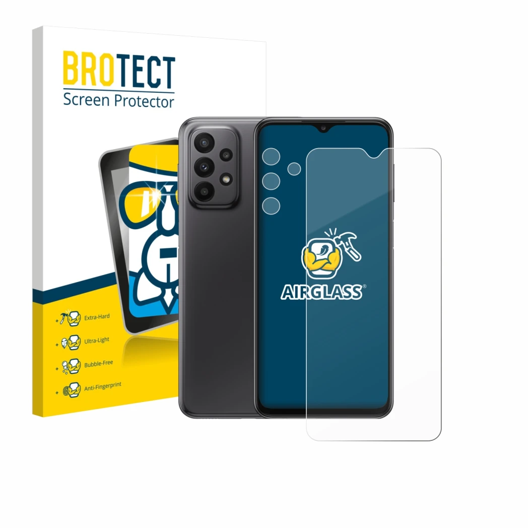 Vorderseite einer Produktverpackung mit dem Markenlogo BROTECT. Daneben ist das Gerät Samsung Galaxy A23 5G (Display+Kamera) m