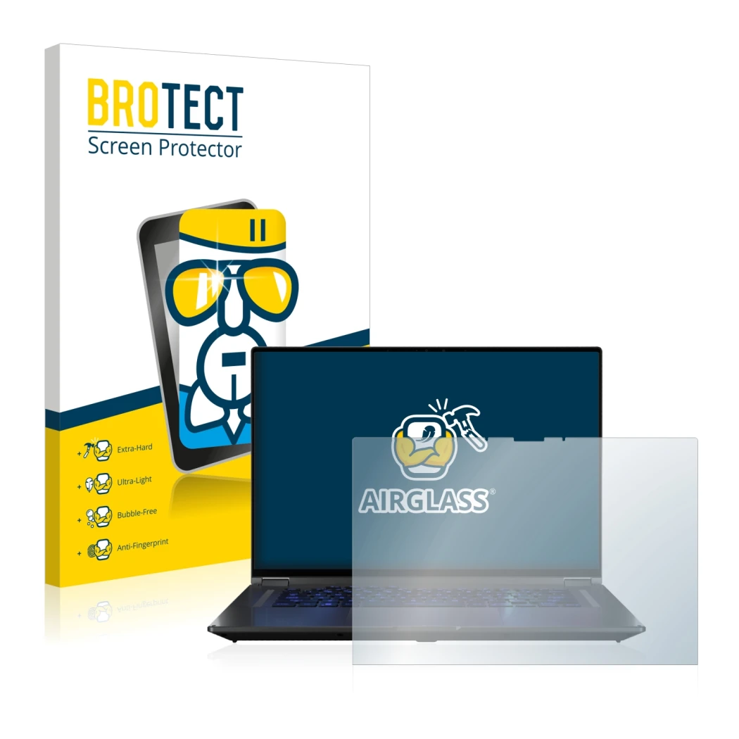 Vorderseite einer Produktverpackung mit dem Markenlogo BROTECT. Daneben ist das Gerät ASUS ROG Flow X16 mit dem zugehörigen Di