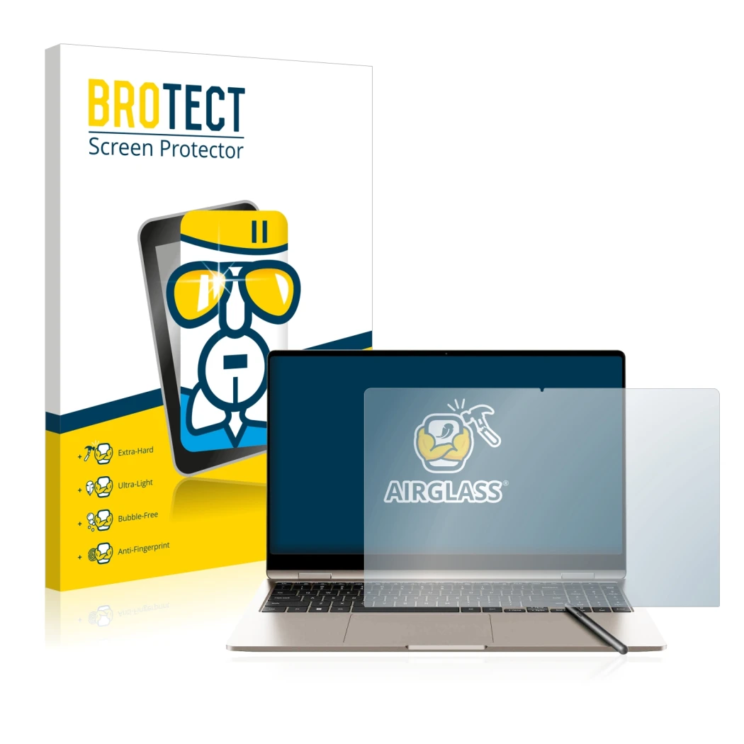 Vorderseite einer Produktverpackung mit dem Markenlogo BROTECT. Daneben ist das Gerät Samsung Galaxy Book3 360 15.6