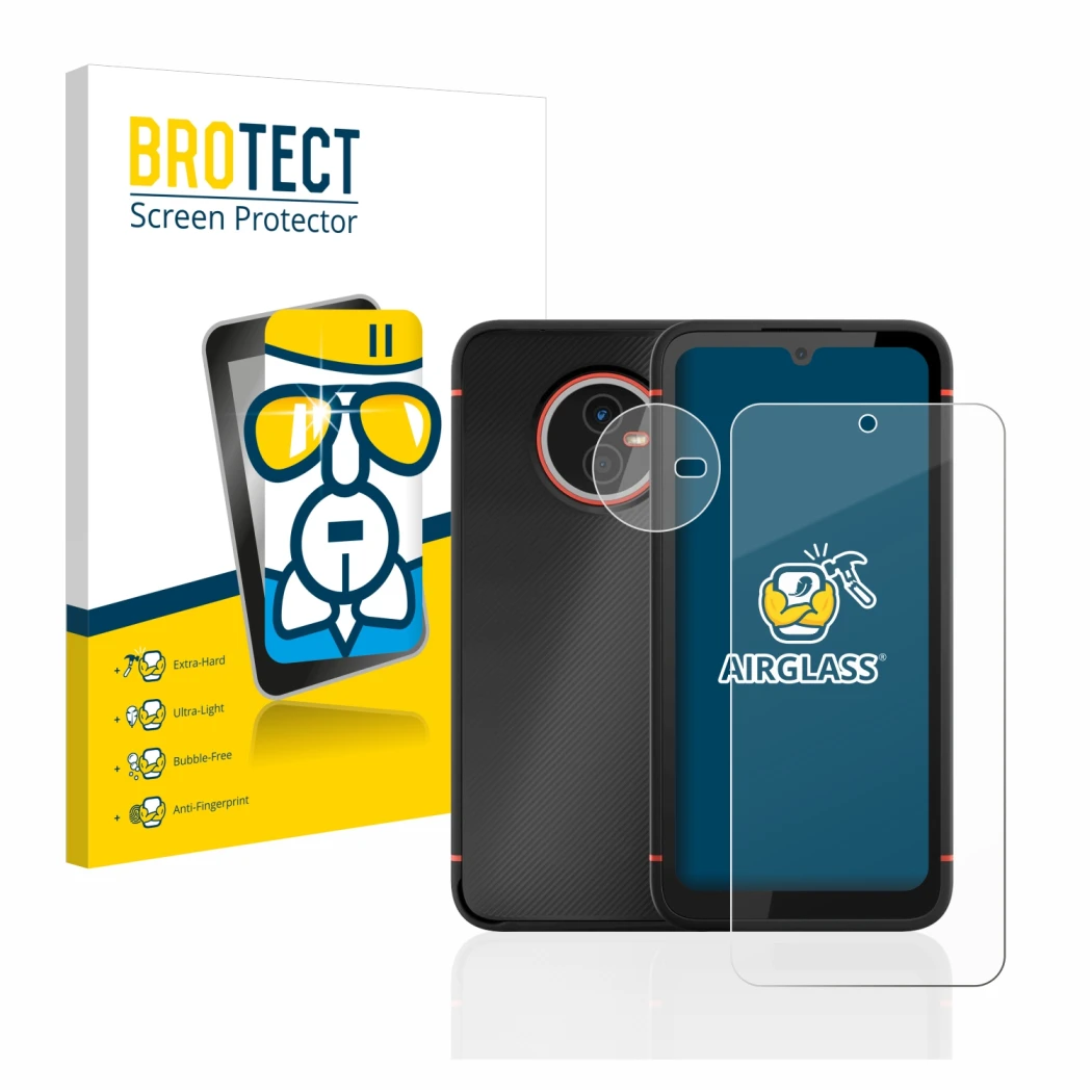 Vorderseite einer Produktverpackung mit dem Markenlogo BROTECT. Daneben ist das Gerät Gigaset GX4 (Display+Kamera) mit dem zug