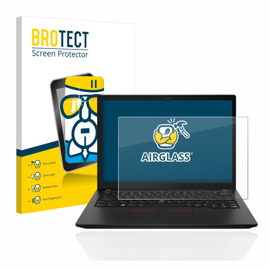 Vorderseite einer Produktverpackung mit dem Markenlogo BROTECT. Daneben ist das Gerät Lenovo ThinkPad X13 Gen 3 mit dem zugehö