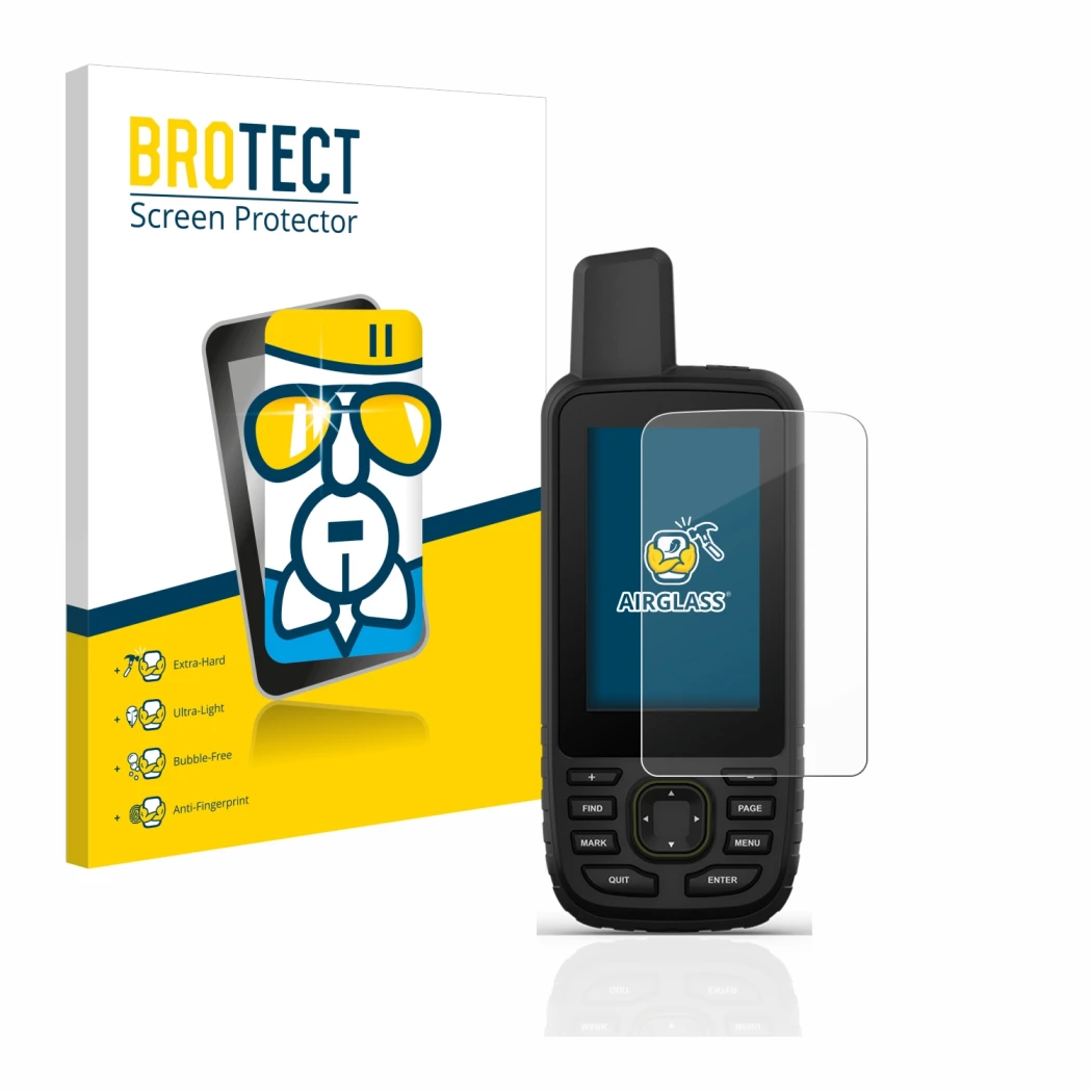 Vorderseite einer Produktverpackung mit dem Markenlogo BROTECT. Daneben ist das Gerät Garmin GPSMAP 67 mit dem zugehörigen Dis
