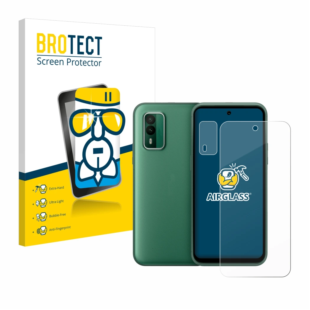 Vorderseite einer Produktverpackung mit dem Markenlogo BROTECT. Daneben ist das Gerät Nokia XR21 (Display+Kamera) mit dem zuge