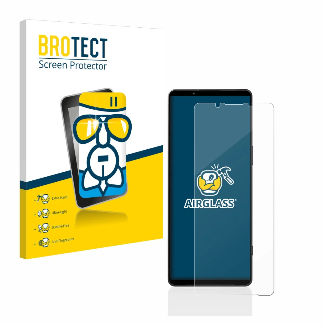 Vorderseite einer Produktverpackung mit dem Markenlogo BROTECT. Daneben ist das Gerät Sony Xperia 1 V mit dem zugehörigen Disp