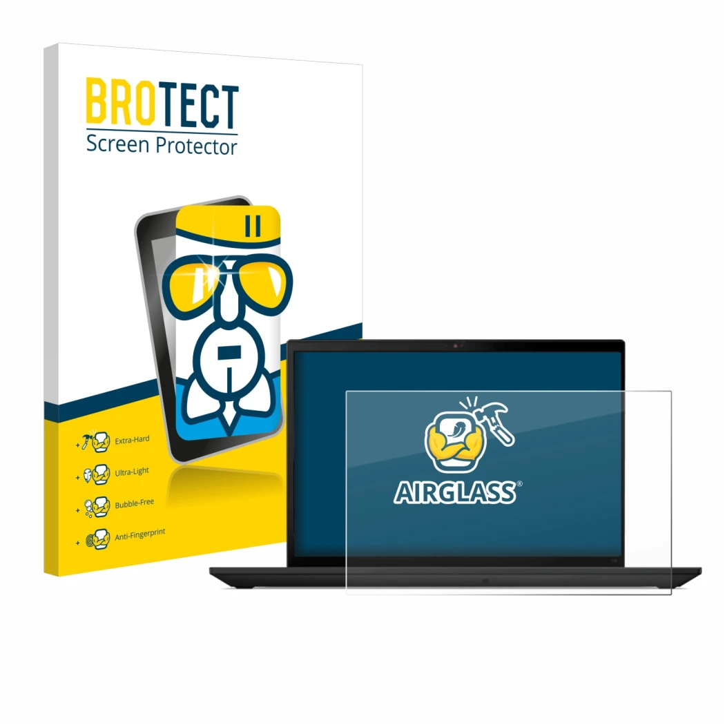 Vorderseite einer Produktverpackung mit dem Markenlogo BROTECT. Daneben ist das Gerät Lenovo ThinkPad T16 Gen 2 mit dem zugehö