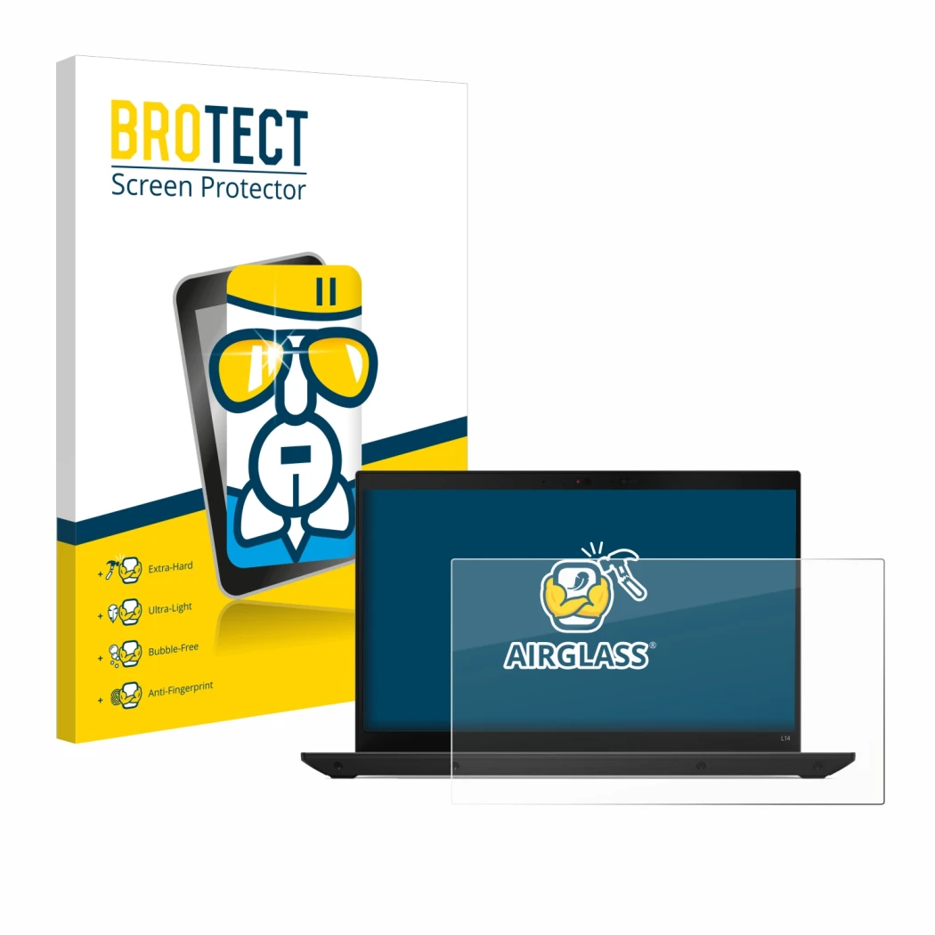 Vorderseite einer Produktverpackung mit dem Markenlogo BROTECT. Daneben ist das Gerät Lenovo ThinkPad L14 Gen 4 mit dem zugehö