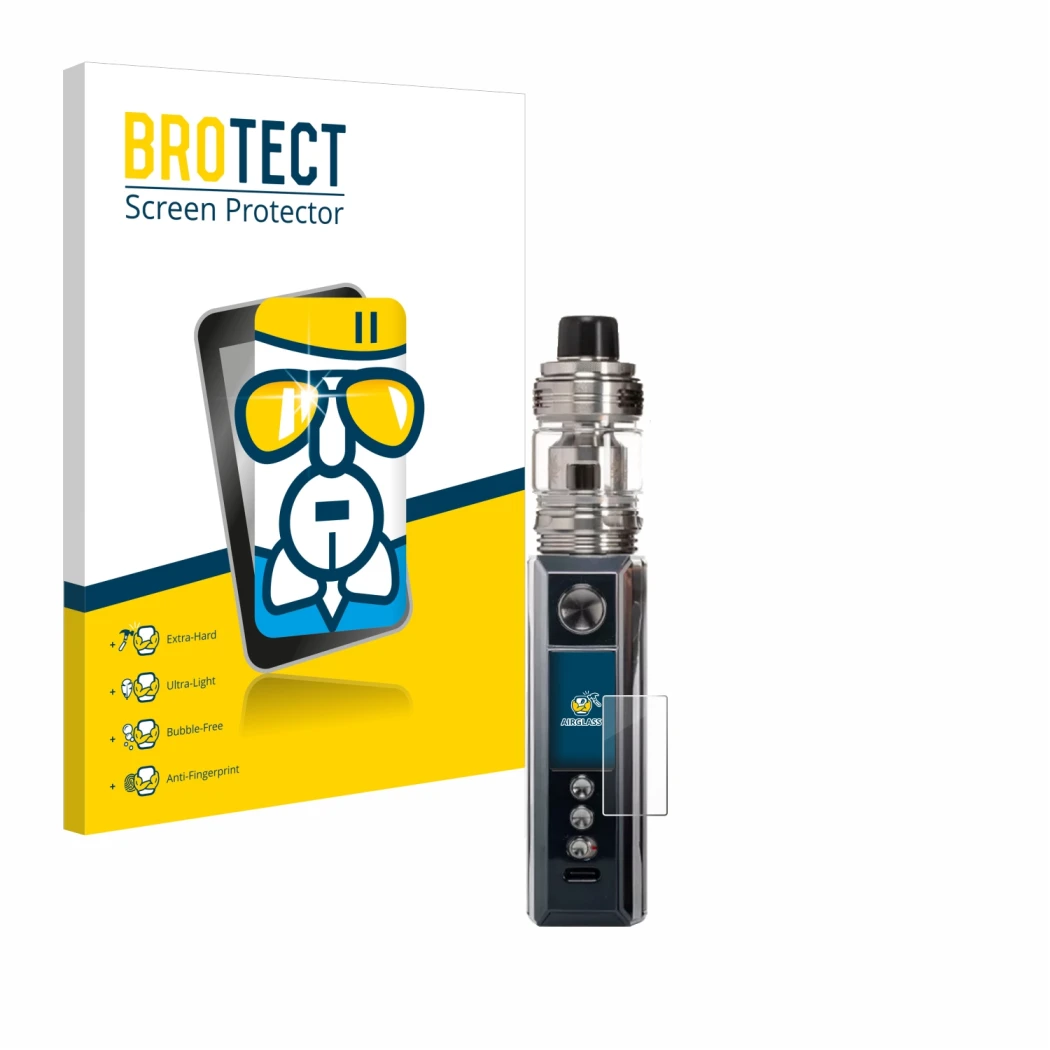 Vorderseite einer Produktverpackung mit dem Markenlogo BROTECT. Daneben ist das Gerät Voopoo Drag M100S mit dem zugehörigen Di