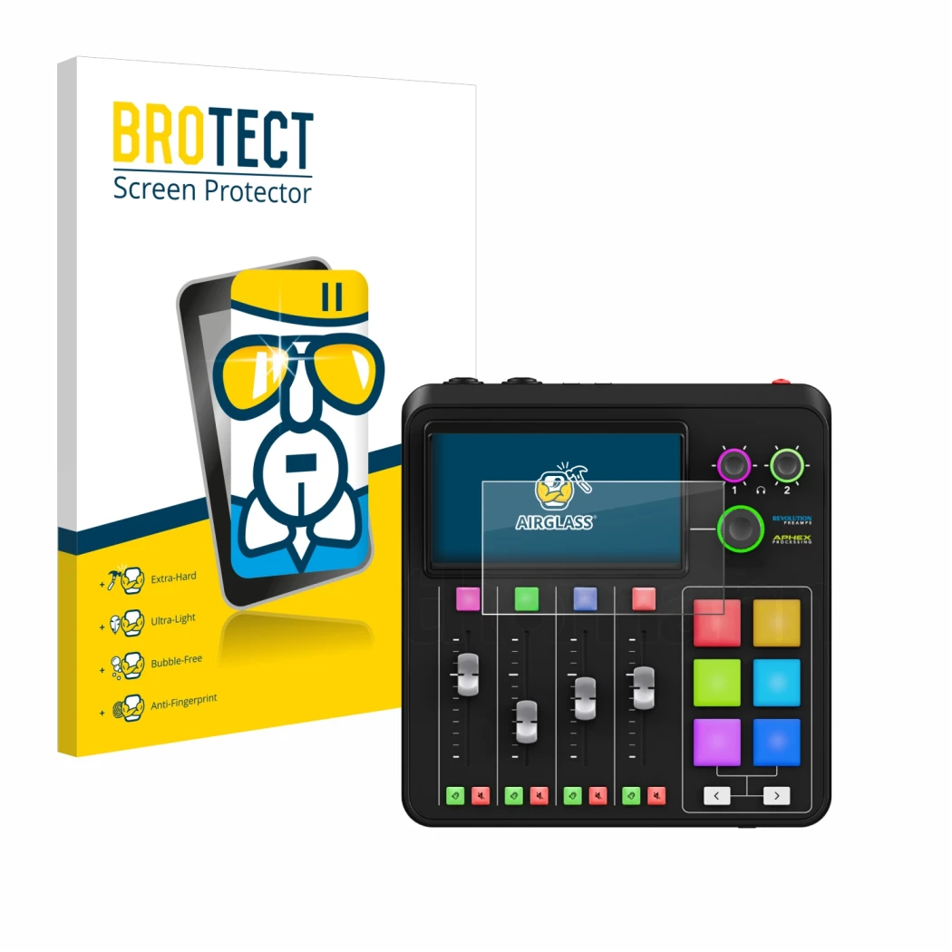 Vorderseite einer Produktverpackung mit dem Markenlogo BROTECT. Daneben ist das Gerät Rode Rodecaster Duo mit dem zugehörigen 