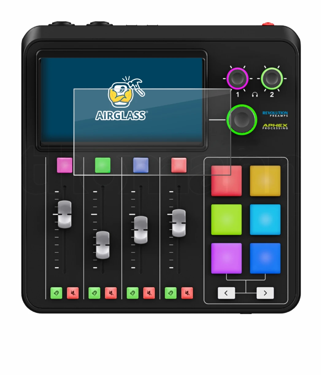 Abbildung des Geräts Rode Rodecaster Duo mit einer Vielzahl des Displayschutzes.