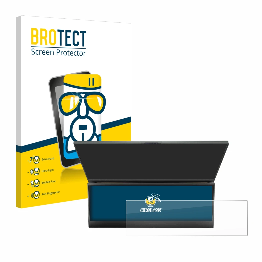 Vorderseite einer Produktverpackung mit dem Markenlogo BROTECT. Daneben ist das Gerät ASUS ROG Zephyrus Duo 16 2023 (NUR Touch