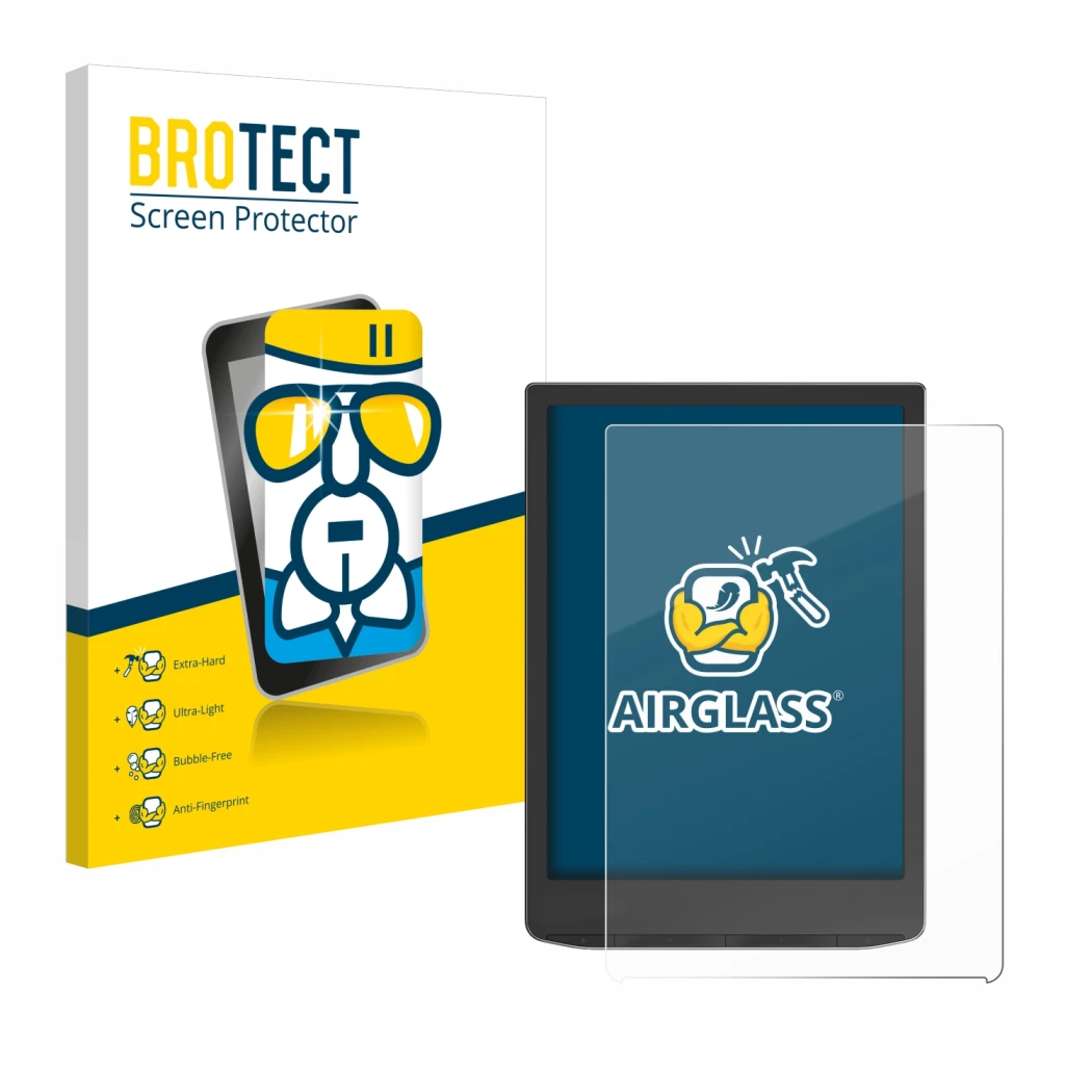 Vorderseite einer Produktverpackung mit dem Markenlogo BROTECT. Daneben ist das Gerät PocketBook InkPad 4 mit dem zugehörigen 