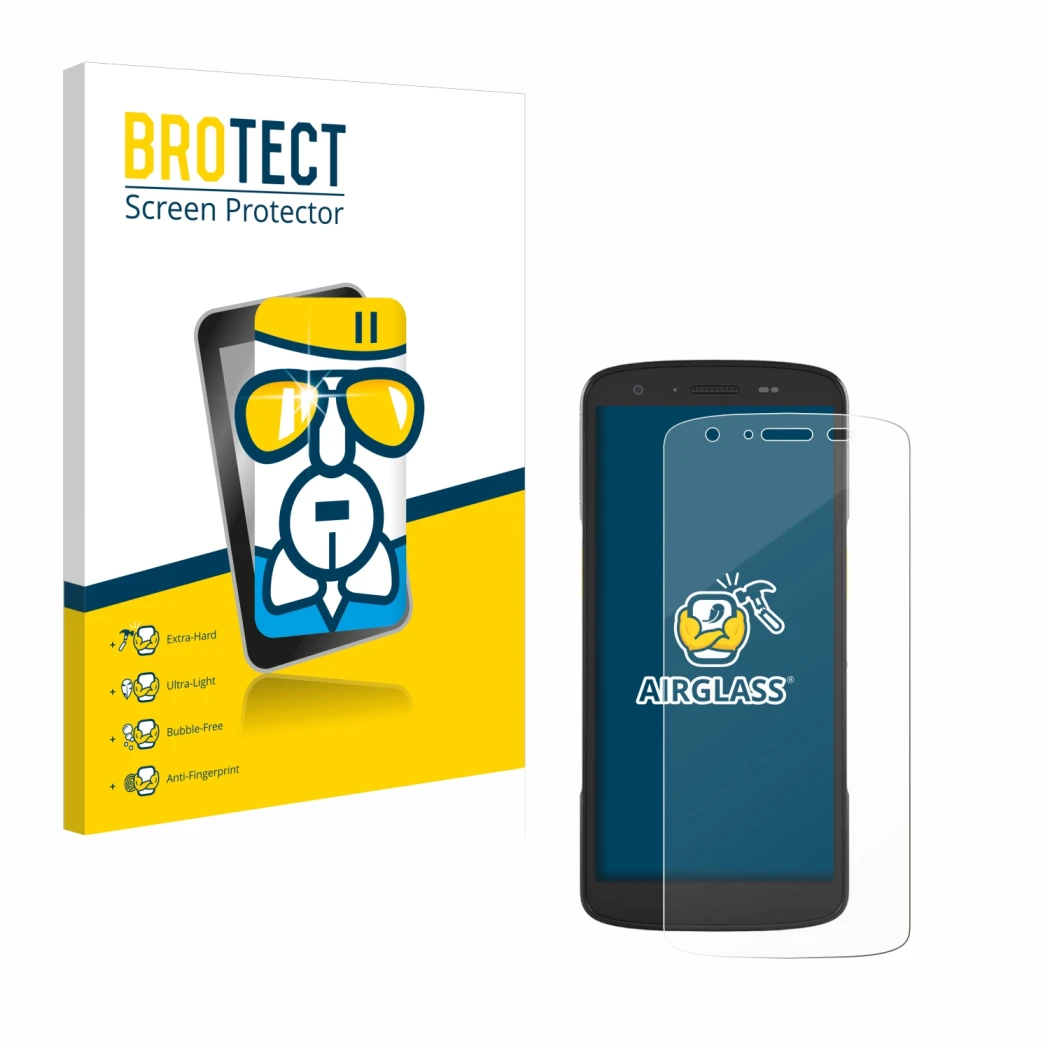 Vorderseite einer Produktverpackung mit dem Markenlogo BROTECT. Daneben ist das Gerät Zebra TC22 mit dem zugehörigen Displaysc