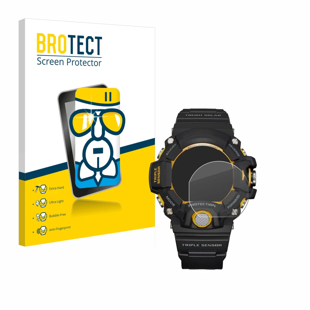 Vorderseite einer Produktverpackung mit dem Markenlogo BROTECT. Daneben ist das Gerät Casio G-Shock GW-9400Y-1 mit dem zugehör