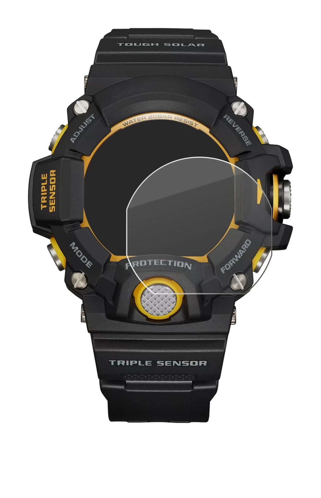 Abbildung des Geräts Casio G-Shock GW-9400Y-1 mit einer Vielzahl des Displayschutzes.