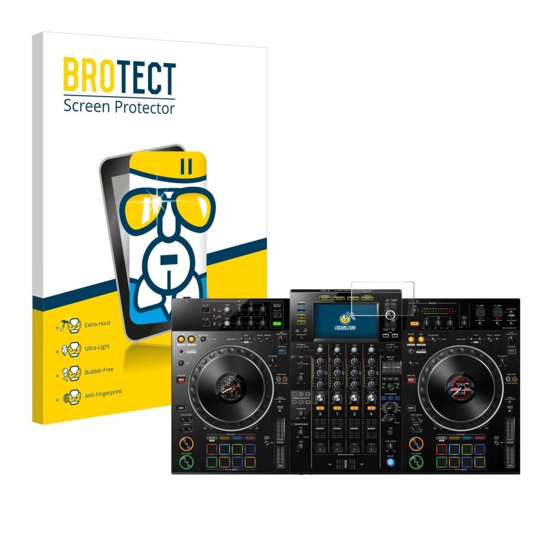 Vorderseite einer Produktverpackung mit dem Markenlogo BROTECT. Daneben ist das Gerät Pioneer XDJ -XZ mit dem zugehörigen Disp