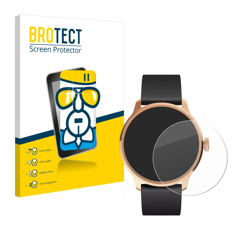 Vorderseite einer Produktverpackung mit dem Markenlogo BROTECT. Daneben ist das Gerät Withings ScanWatch Light mit dem zugehör