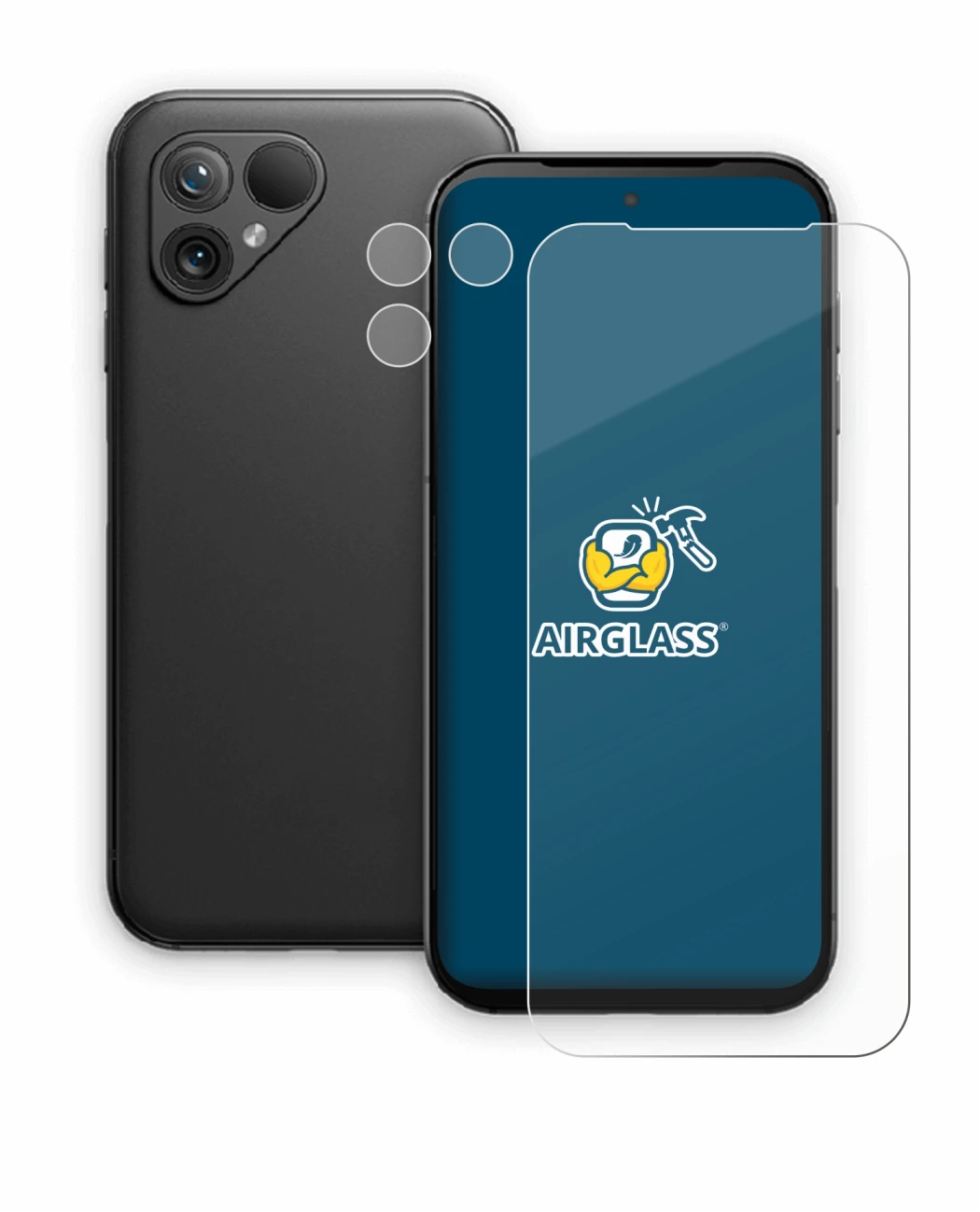 Abbildung des Geräts Fairphone 5 (Display+Kamera) mit einer Vielzahl des Displayschutzes.