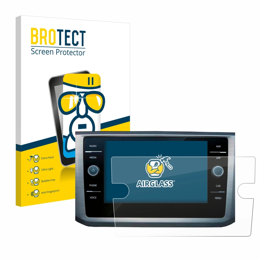 Vorderseite einer Produktverpackung mit dem Markenlogo BROTECT. Daneben ist das Gerät Volkswagen Passat B8 Discover Media 8