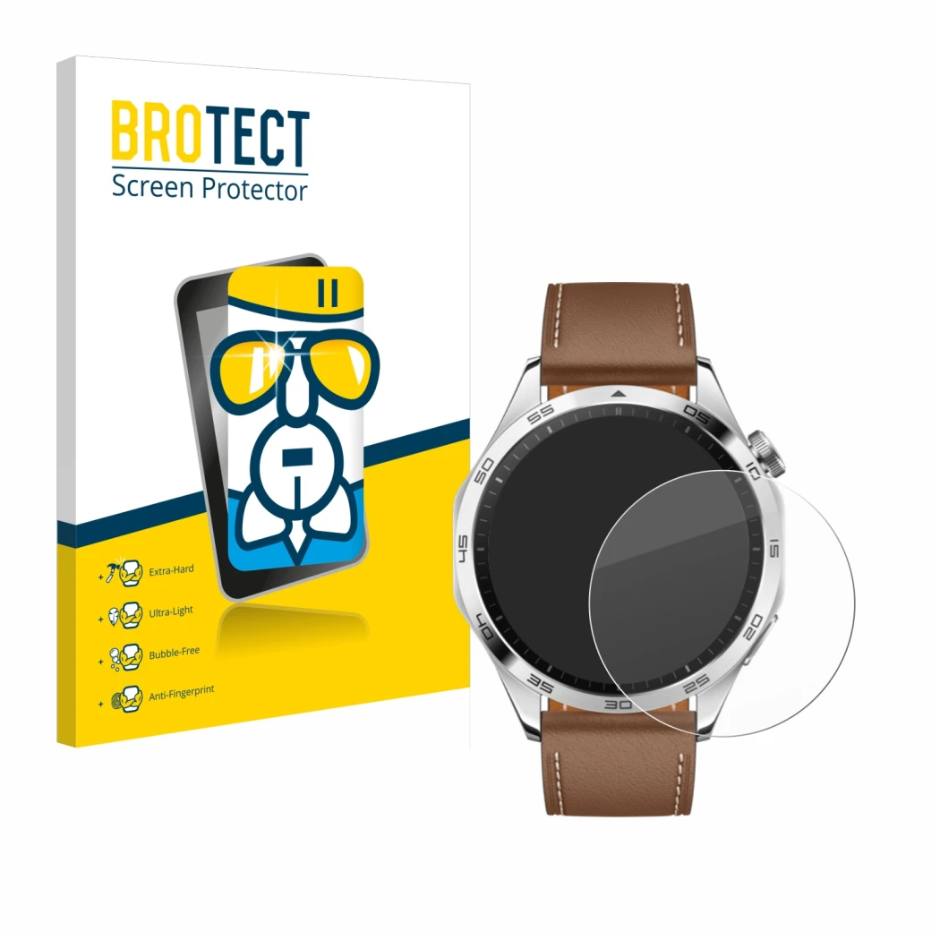 Vorderseite einer Produktverpackung mit dem Markenlogo BROTECT. Daneben ist das Gerät Huawei Watch GT 4 (46mm) mit dem zugehör