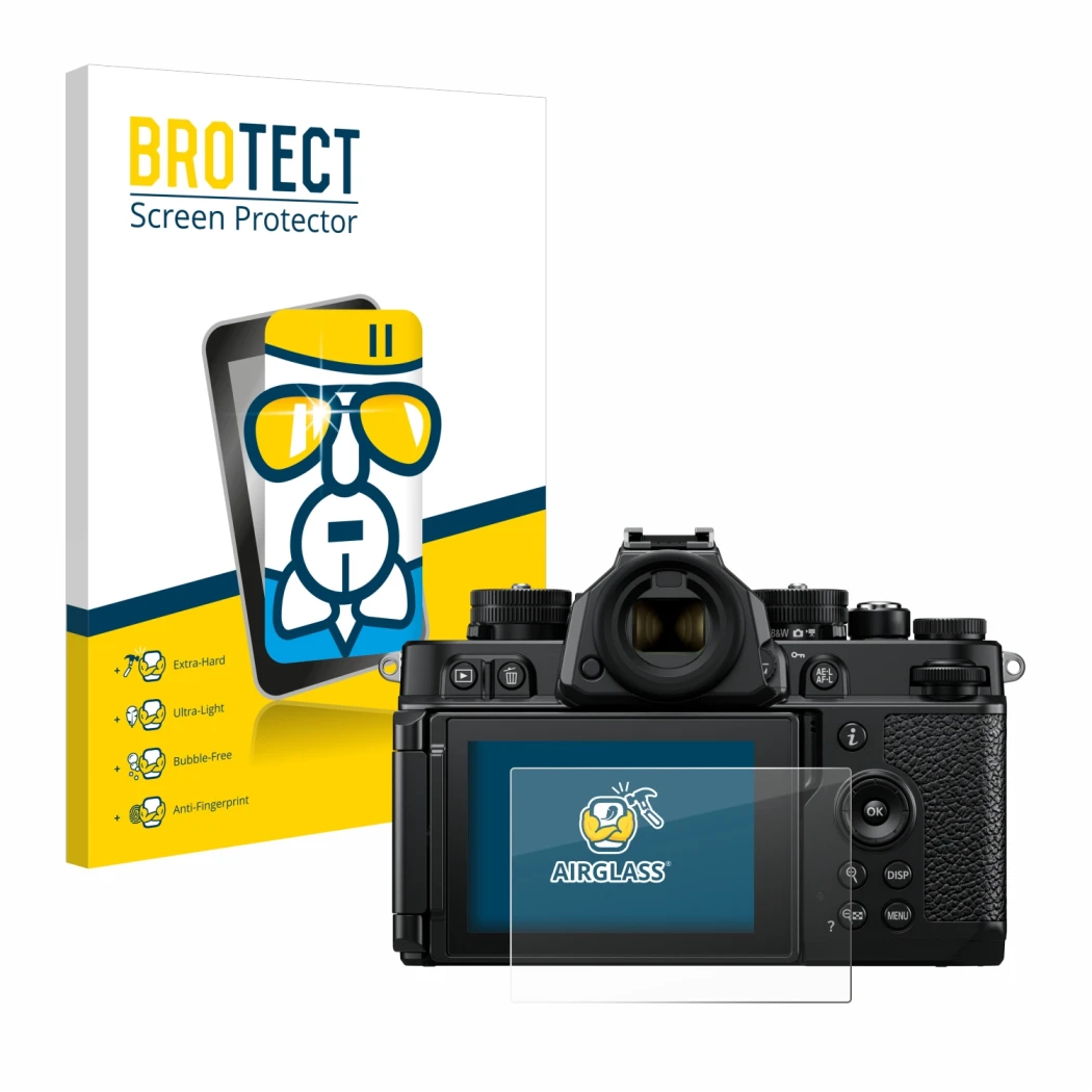 Vorderseite einer Produktverpackung mit dem Markenlogo BROTECT. Daneben ist das Gerät Nikon Z F mit dem zugehörigen Displaysch