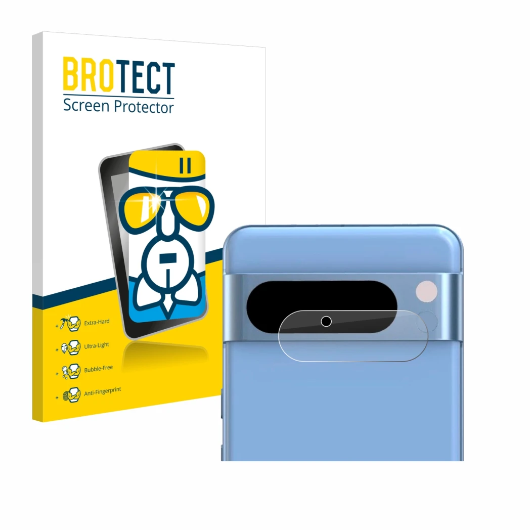 Vorderseite einer Produktverpackung mit dem Markenlogo BROTECT. Daneben ist das Gerät Google Pixel 8 Pro (NUR Kameraschutz) mi