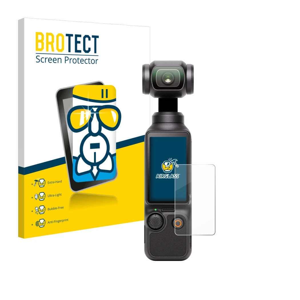 Vorderseite einer Produktverpackung mit dem Markenlogo BROTECT. Daneben ist das Gerät DJI Osmo Pocket 3 mit dem zugehörigen Di