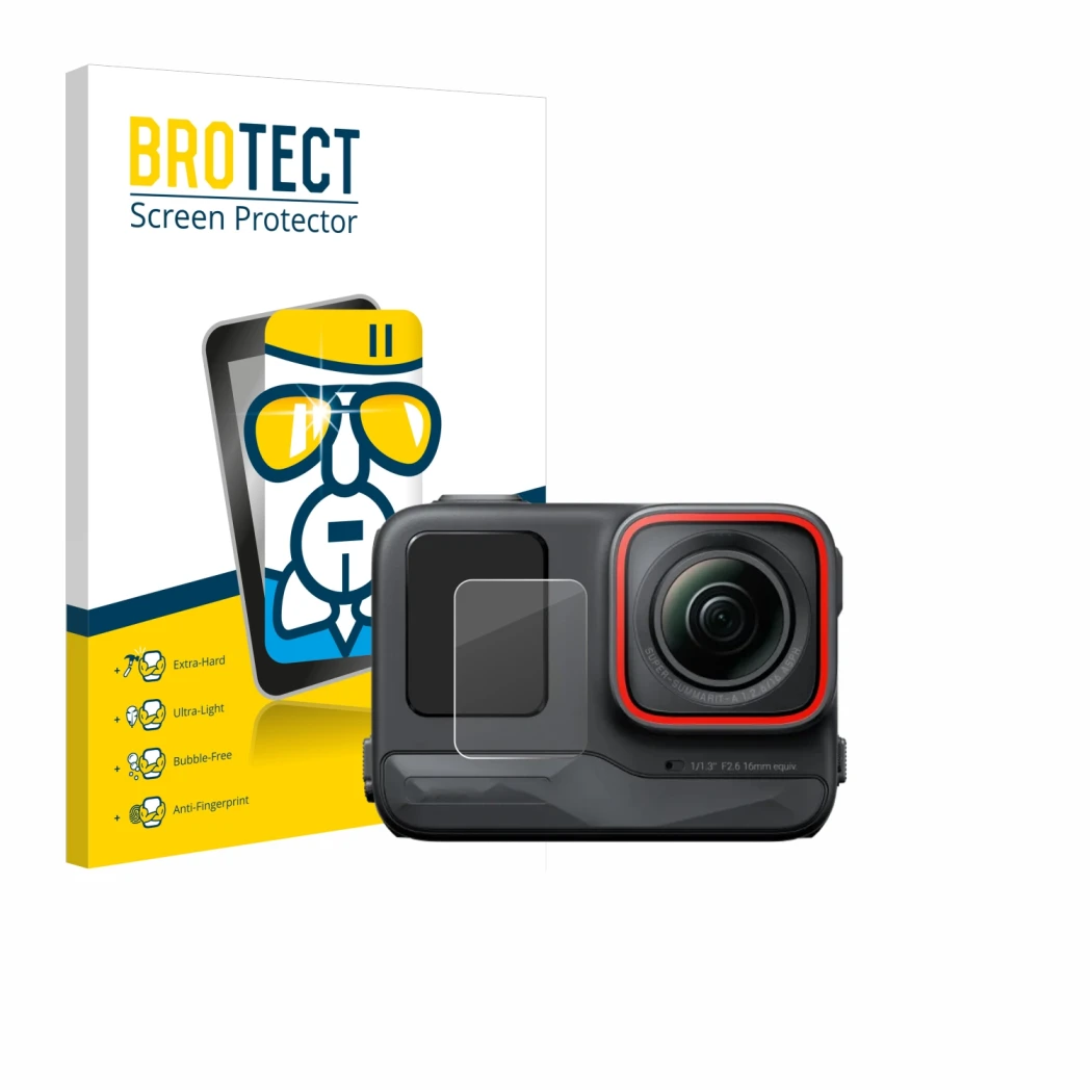 Vorderseite einer Produktverpackung mit dem Markenlogo BROTECT. Daneben ist das Gerät Insta360 Ace Pro (Vorderes Display) mit 