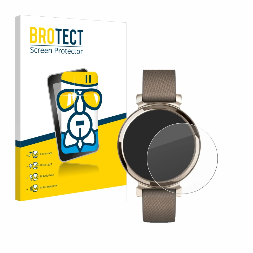 Vorderseite einer Produktverpackung mit dem Markenlogo BROTECT. Daneben ist das Gerät Garmin Lily 2 mit dem zugehörigen Displa