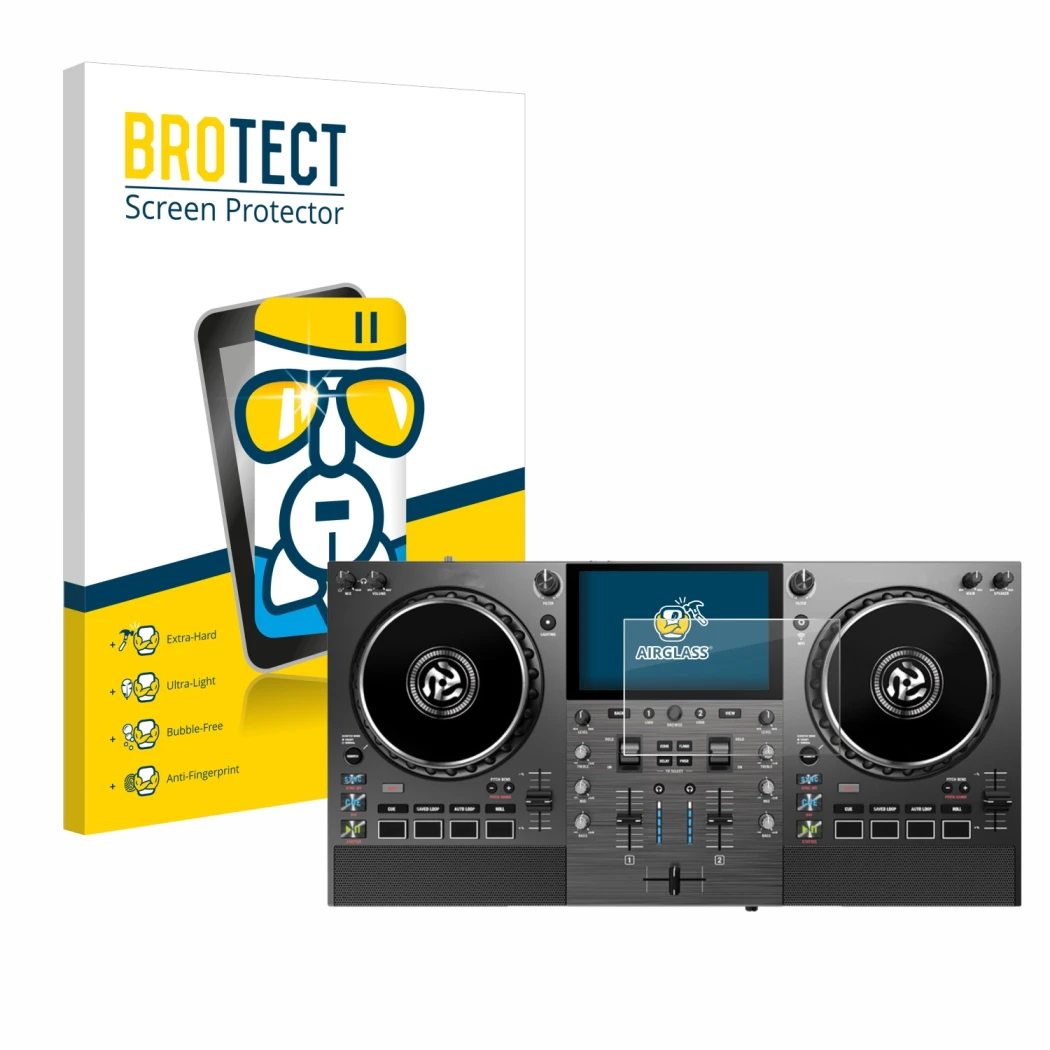 Vorderseite einer Produktverpackung mit dem Markenlogo BROTECT. Daneben ist das Gerät Numark Mixstream Pro Go mit dem zugehöri