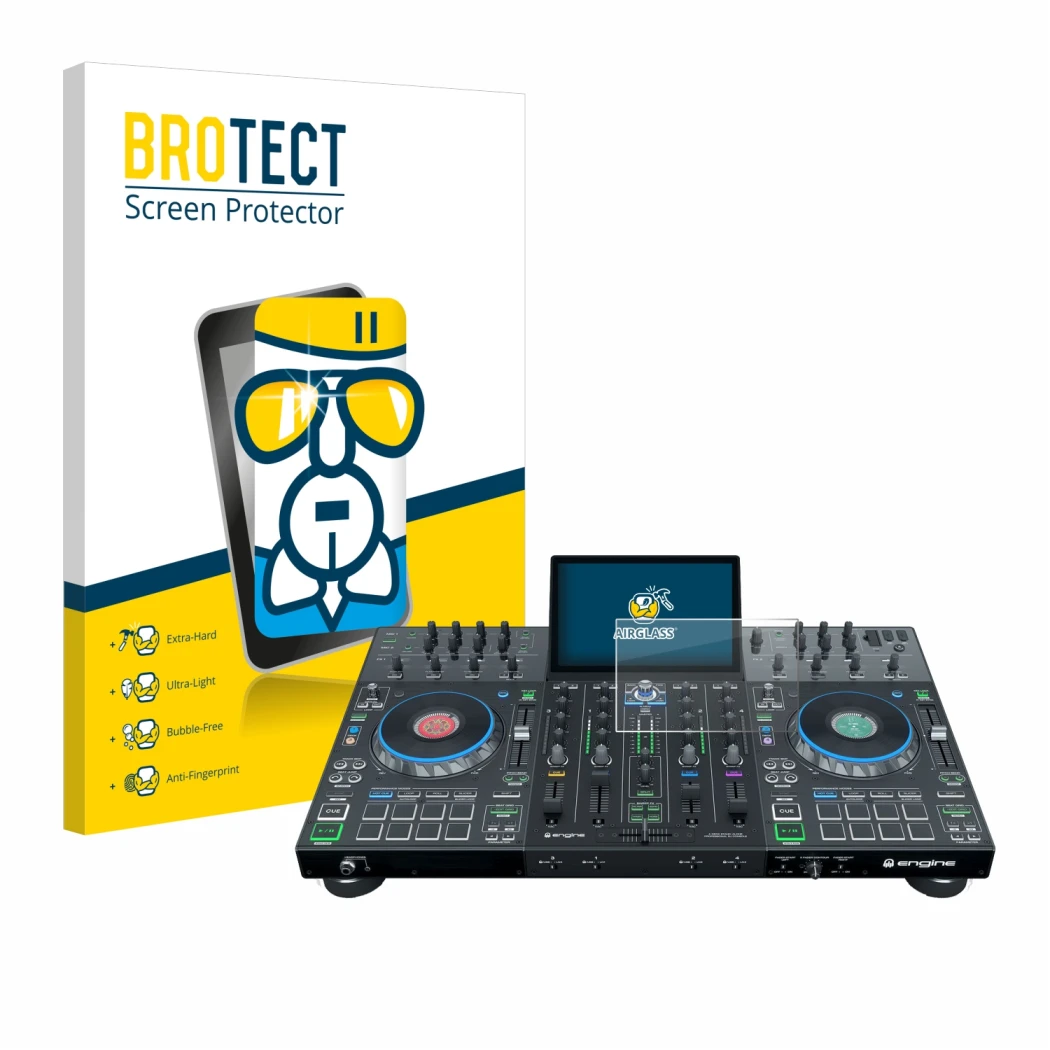 Vorderseite einer Produktverpackung mit dem Markenlogo BROTECT. Daneben ist das Gerät Denon DJ Prime 4+ mit dem zugehörigen Di