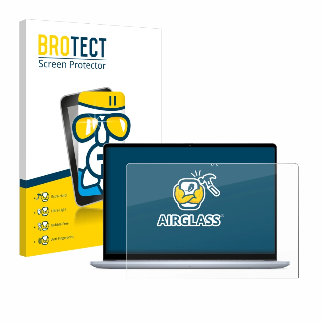 Vorderseite einer Produktverpackung mit dem Markenlogo BROTECT. Daneben ist das Gerät Dell Inspiron 16 7640 2-in-1 mit dem zug