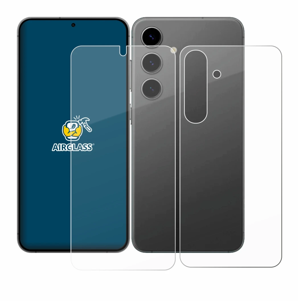 Abbildung des Geräts Samsung Galaxy S24 (Display+Rückseite) mit einer Vielzahl des Displayschutzes.