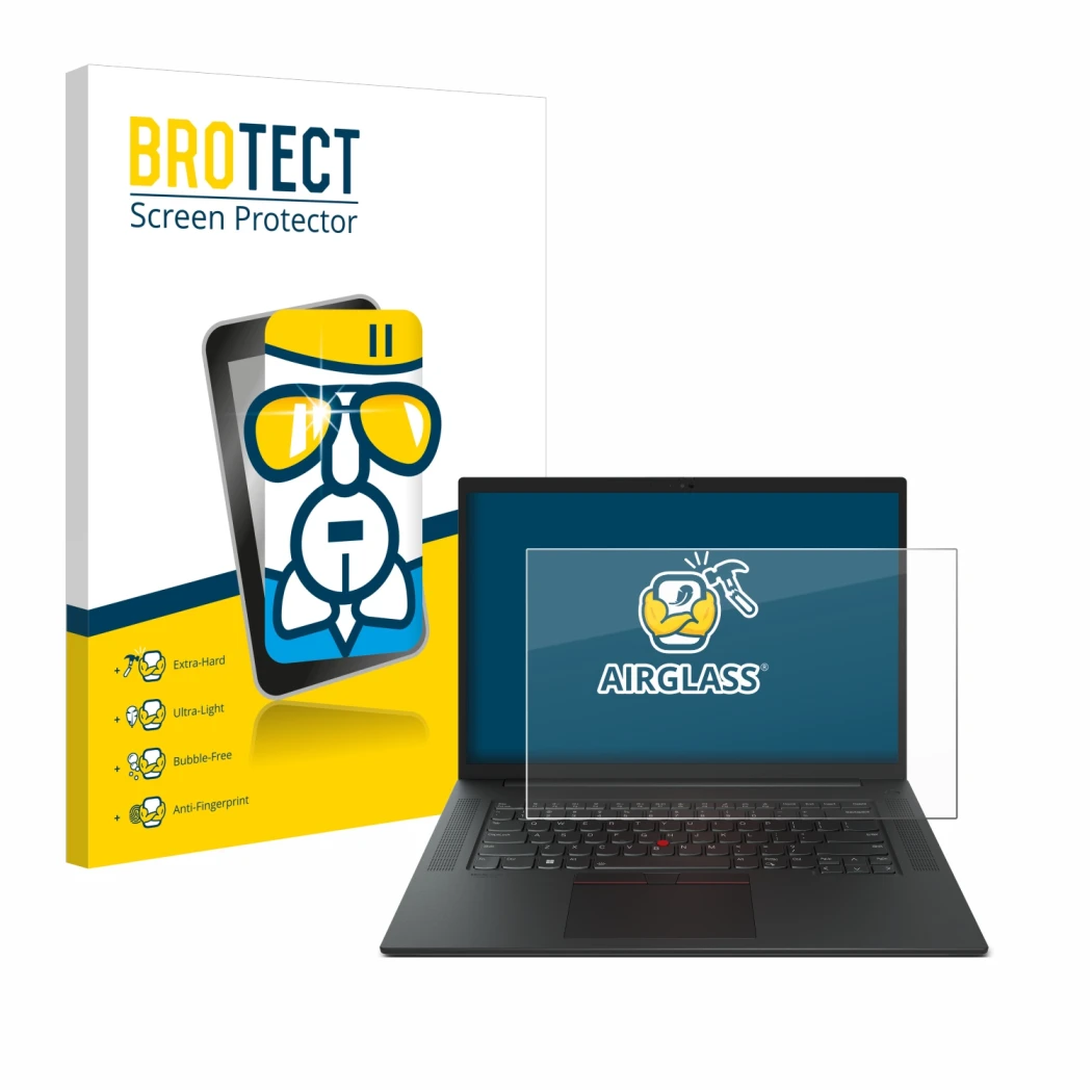 Vorderseite einer Produktverpackung mit dem Markenlogo BROTECT. Daneben ist das Gerät Lenovo ThinkPad P1 Gen 6 16