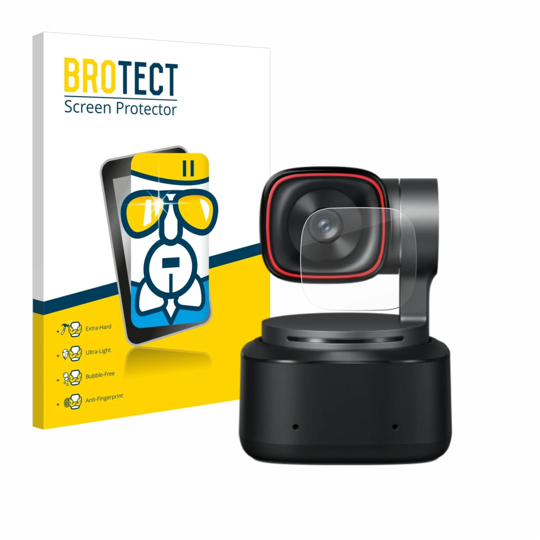 Vorderseite einer Produktverpackung mit dem Markenlogo BROTECT. Daneben ist das Gerät OBSBOT Tiny 2 mit dem zugehörigen Displa