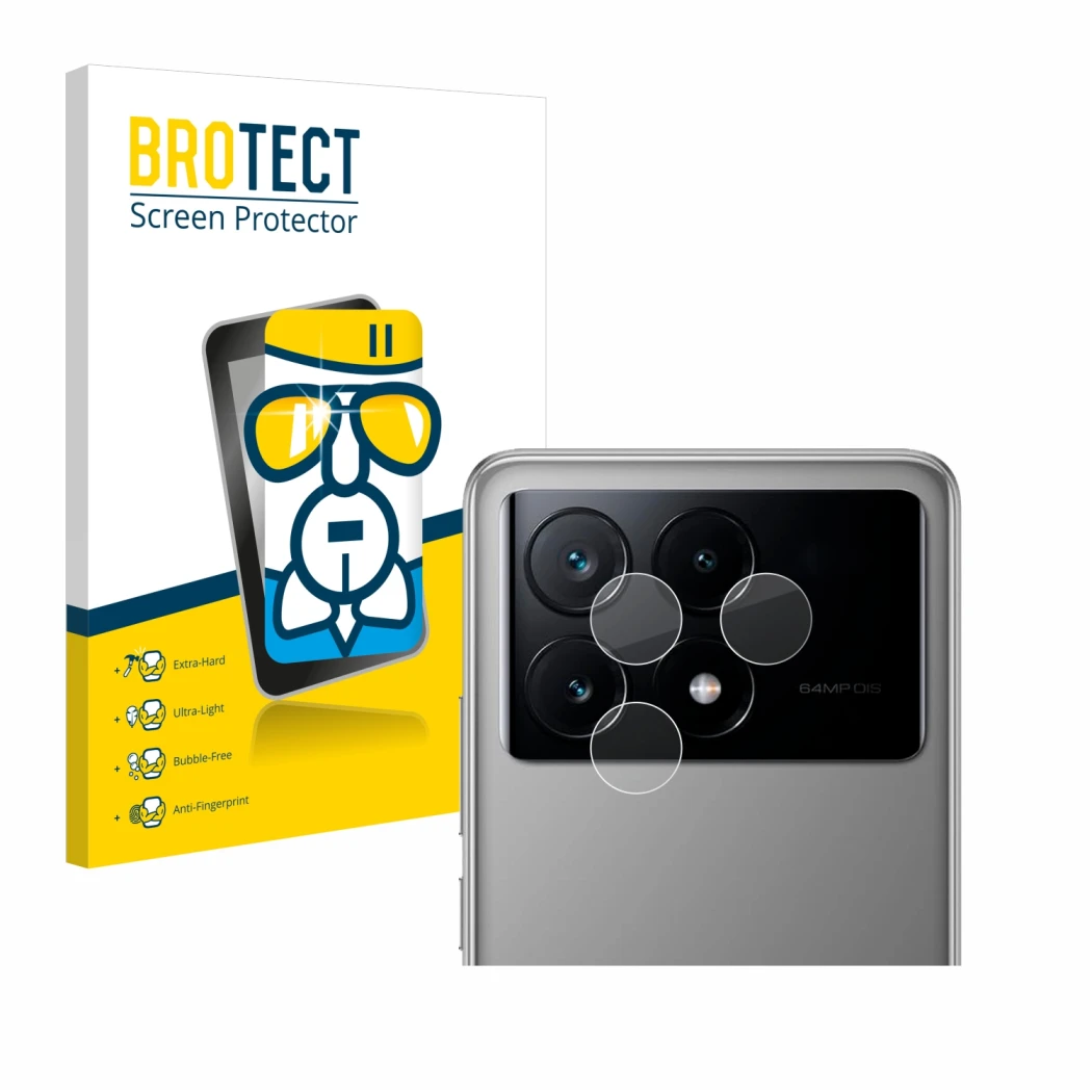 Vorderseite einer Produktverpackung mit dem Markenlogo BROTECT. Daneben ist das Gerät Xiaomi Poco X6 Pro (NUR Kameraschutz) mi