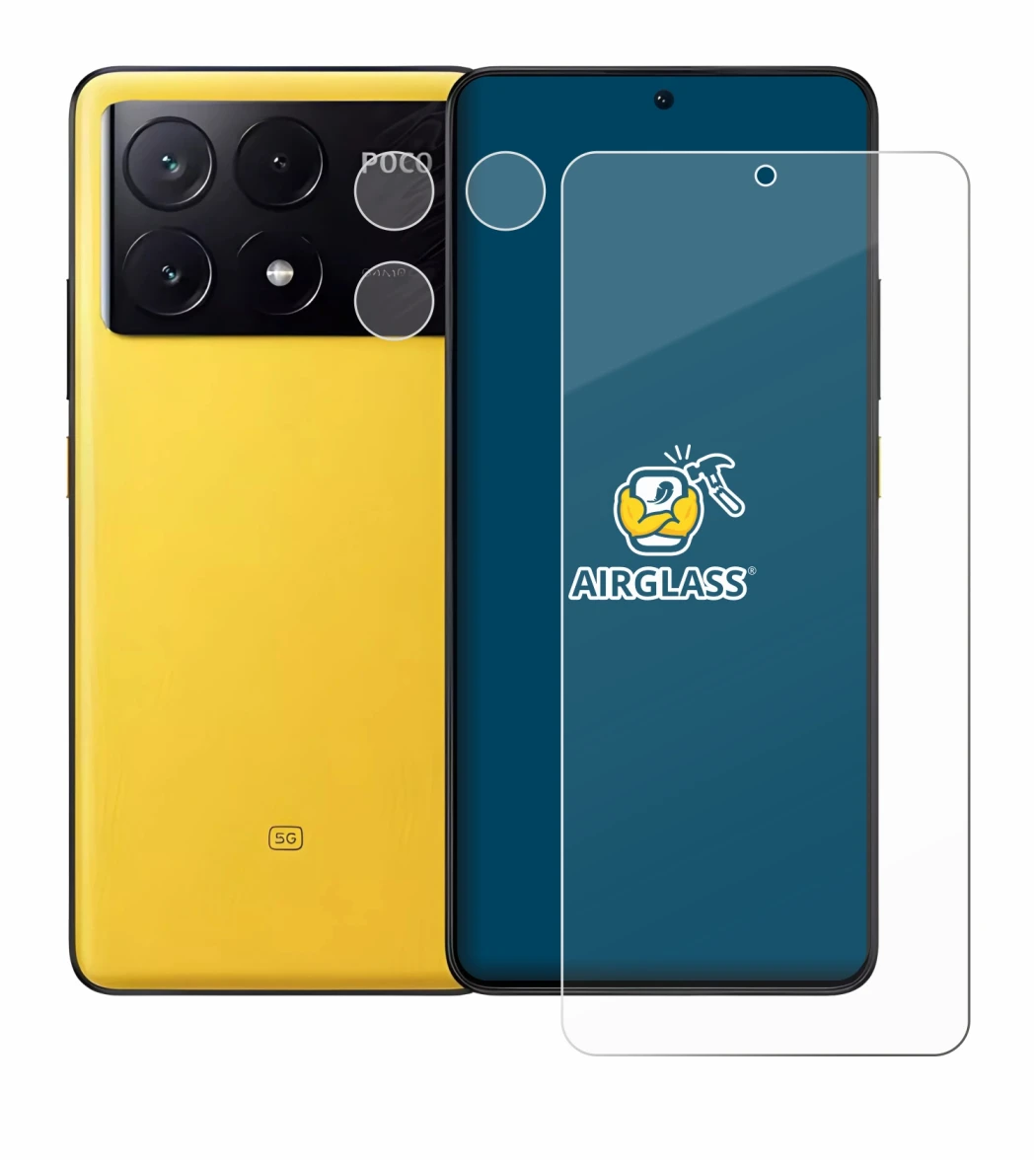 Abbildung des Geräts Xiaomi Poco X6 Pro (Display+Kamera) mit einer Vielzahl des Displayschutzes.