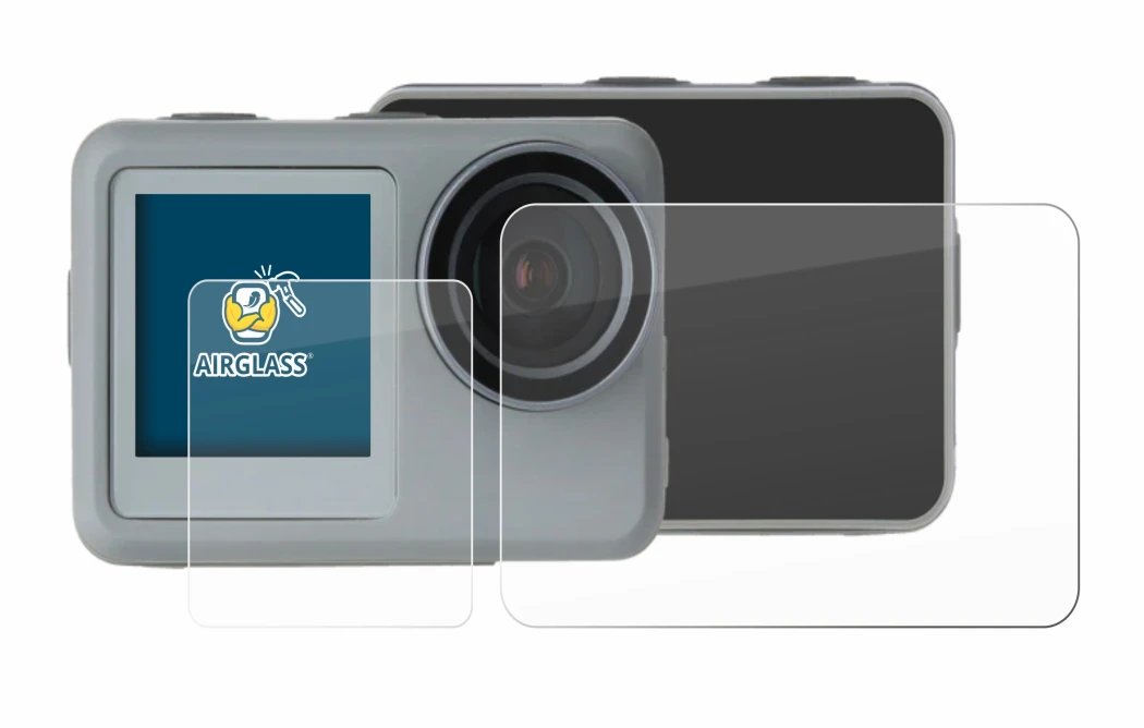 Abbildung des Geräts Rollei Actioncam 9s Plus mit einer Vielzahl des Displayschutzes.