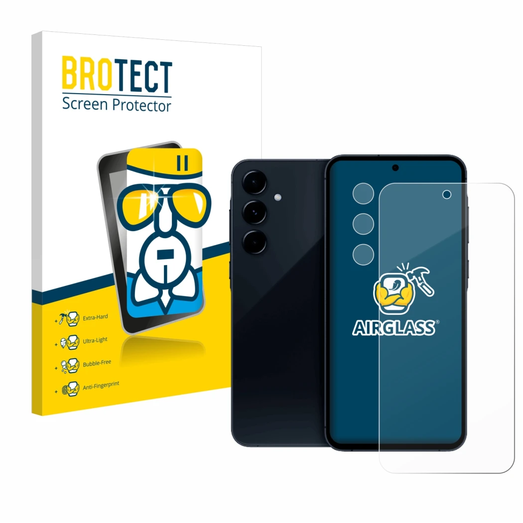 Vorderseite einer Produktverpackung mit dem Markenlogo BROTECT. Daneben ist das Gerät Samsung Galaxy A35 5G (Display+Kamera) m