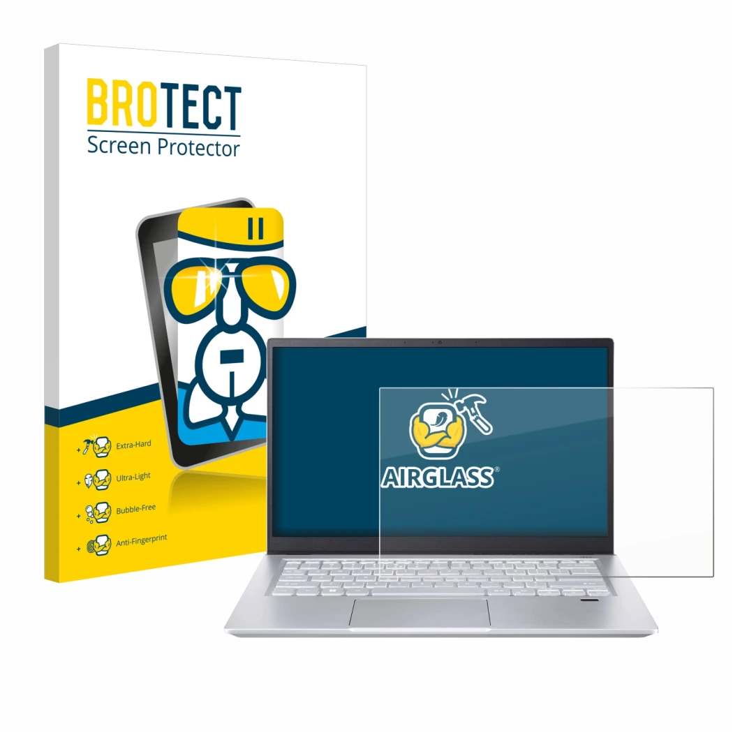 Vorderseite einer Produktverpackung mit dem Markenlogo BROTECT. Daneben ist das Gerät Acer Swift X 14 SFX14-72G Non-Touch mit 