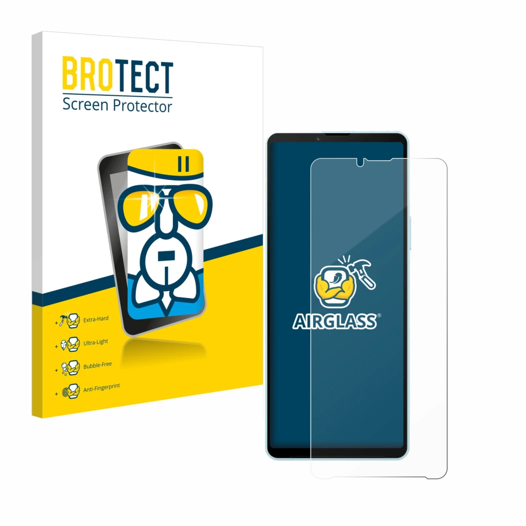 Vorderseite einer Produktverpackung mit dem Markenlogo BROTECT. Daneben ist das Gerät Sony Xperia 10 VI mit dem zugehörigen Di