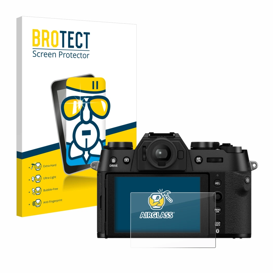 Vorderseite einer Produktverpackung mit dem Markenlogo BROTECT. Daneben ist das Gerät Fujifilm X-T50 mit dem zugehörigen Displ