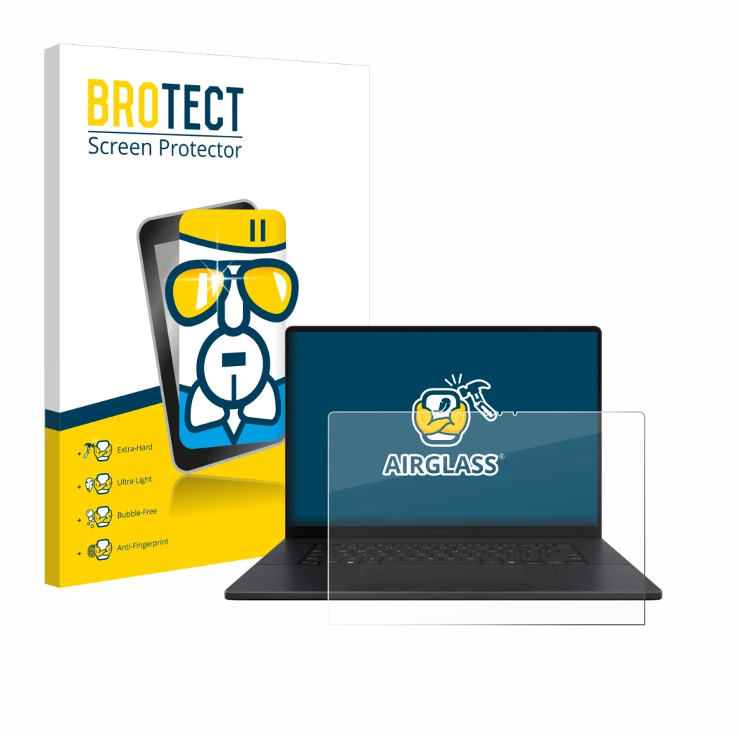 Vorderseite einer Produktverpackung mit dem Markenlogo BROTECT. Daneben ist das Gerät ASUS ProArt P16 mit dem zugehörigen Disp