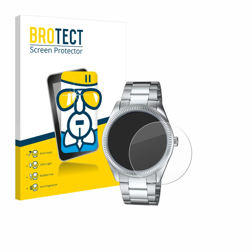 Vorderseite einer Produktverpackung mit dem Markenlogo BROTECT. Daneben ist das Gerät Casio MTP-1302PD mit dem zugehörigen Dis