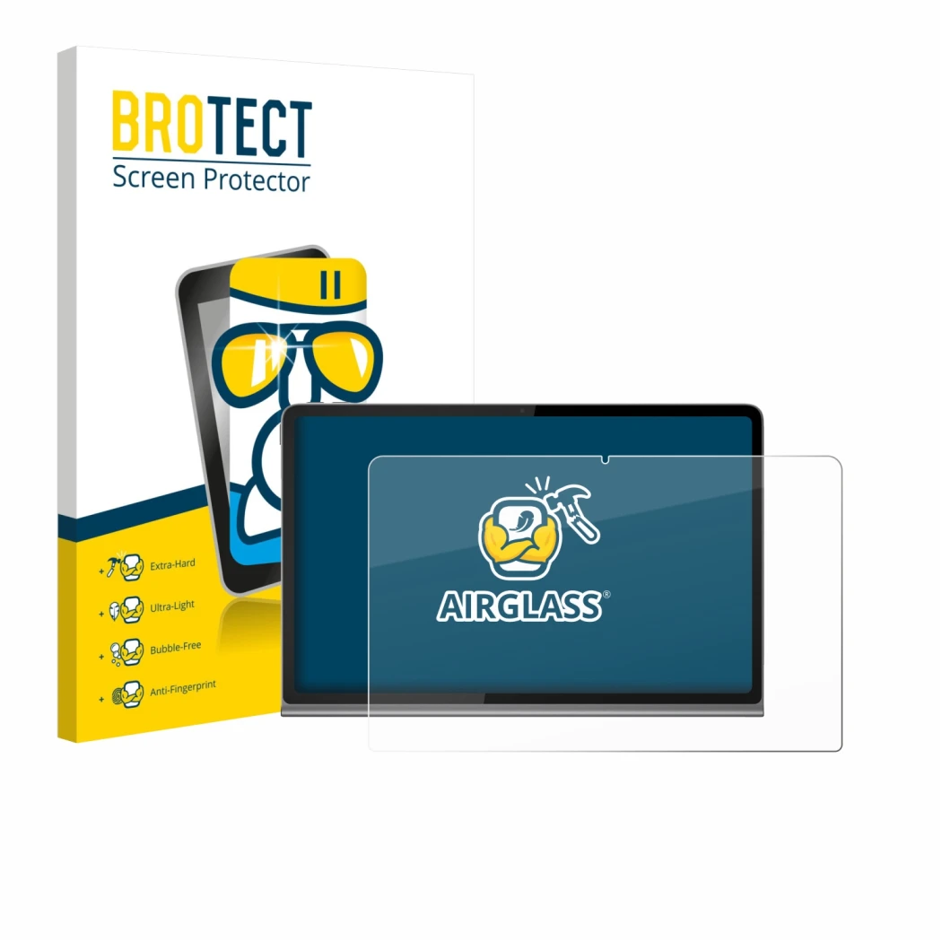 Vorderseite einer Produktverpackung mit dem Markenlogo BROTECT. Daneben ist das Gerät Lenovo Tab Plus mit dem zugehörigen Disp