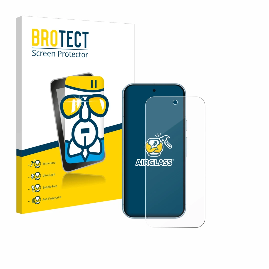 Vorderseite einer Produktverpackung mit dem Markenlogo BROTECT. Daneben ist das Gerät Google Pixel 9 mit dem zugehörigen Displ