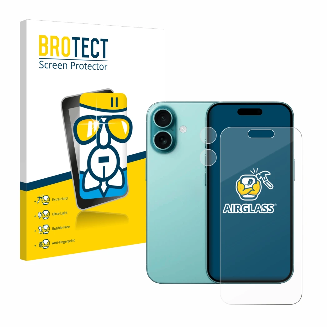 Vorderseite einer Produktverpackung mit dem Markenlogo BROTECT. Daneben ist das Gerät Apple iPhone 16 (Display+Kamera) mit dem