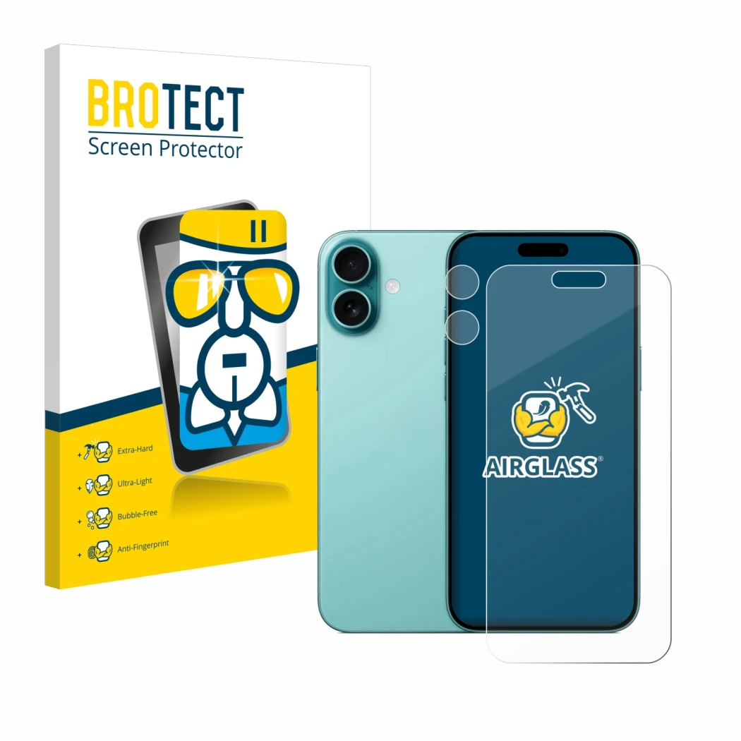 Vorderseite einer Produktverpackung mit dem Markenlogo BROTECT. Daneben ist das Gerät Apple iPhone 16 Plus (Display+Kamera) mi