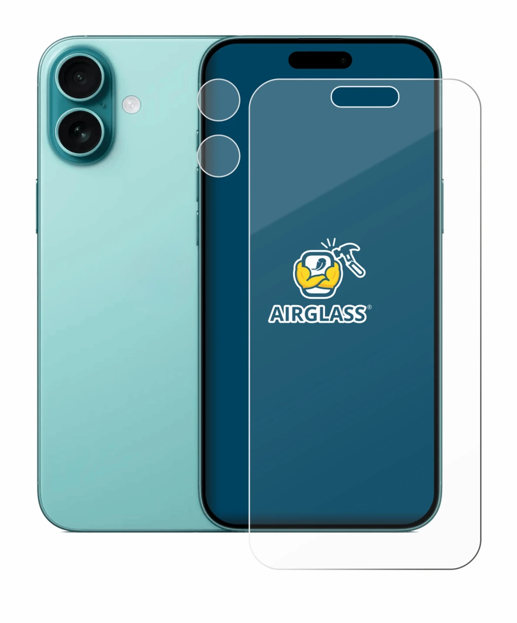 Abbildung des Geräts Apple iPhone 16 Plus (Display+Kamera) mit einer Vielzahl des Displayschutzes.