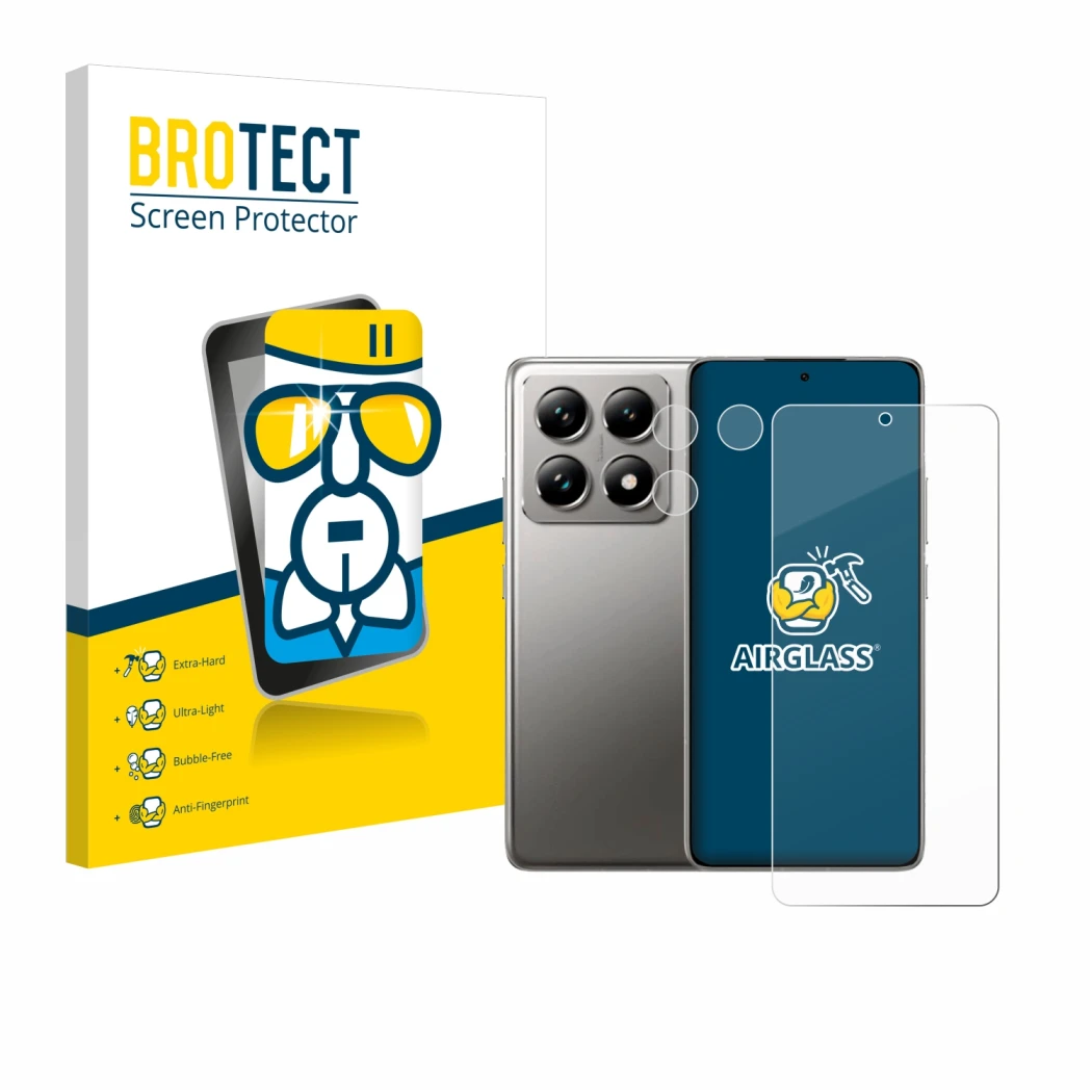 Vorderseite einer Produktverpackung mit dem Markenlogo BROTECT. Daneben ist das Gerät Xiaomi 14T Pro (Display+Kamera) mit dem 