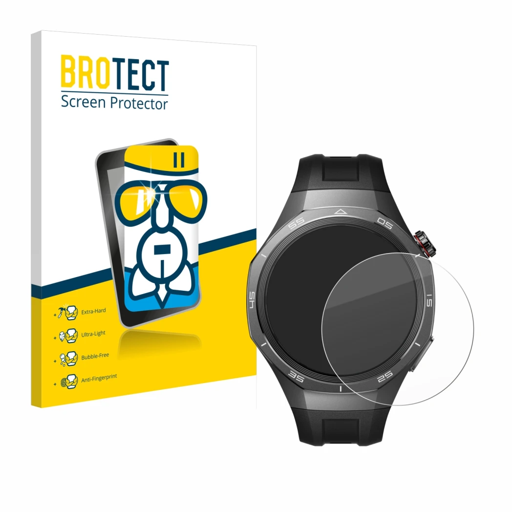 Vorderseite einer Produktverpackung mit dem Markenlogo BROTECT. Daneben ist das Gerät Huawei Watch GT 5 Pro (46 mm) mit dem zu